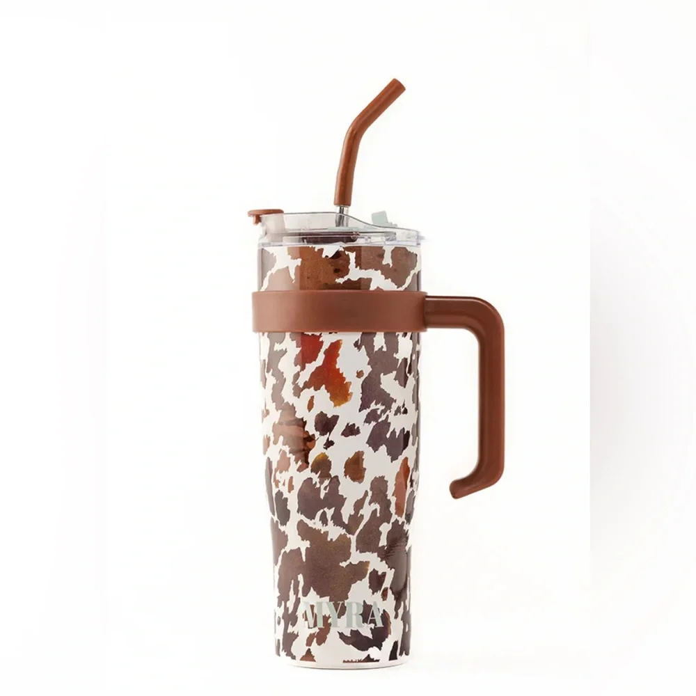 NWT Myra Cow Print Travel Mug with Brown Lid and Handle Hand Tooled Leather Wrap - Picture 5 of 6